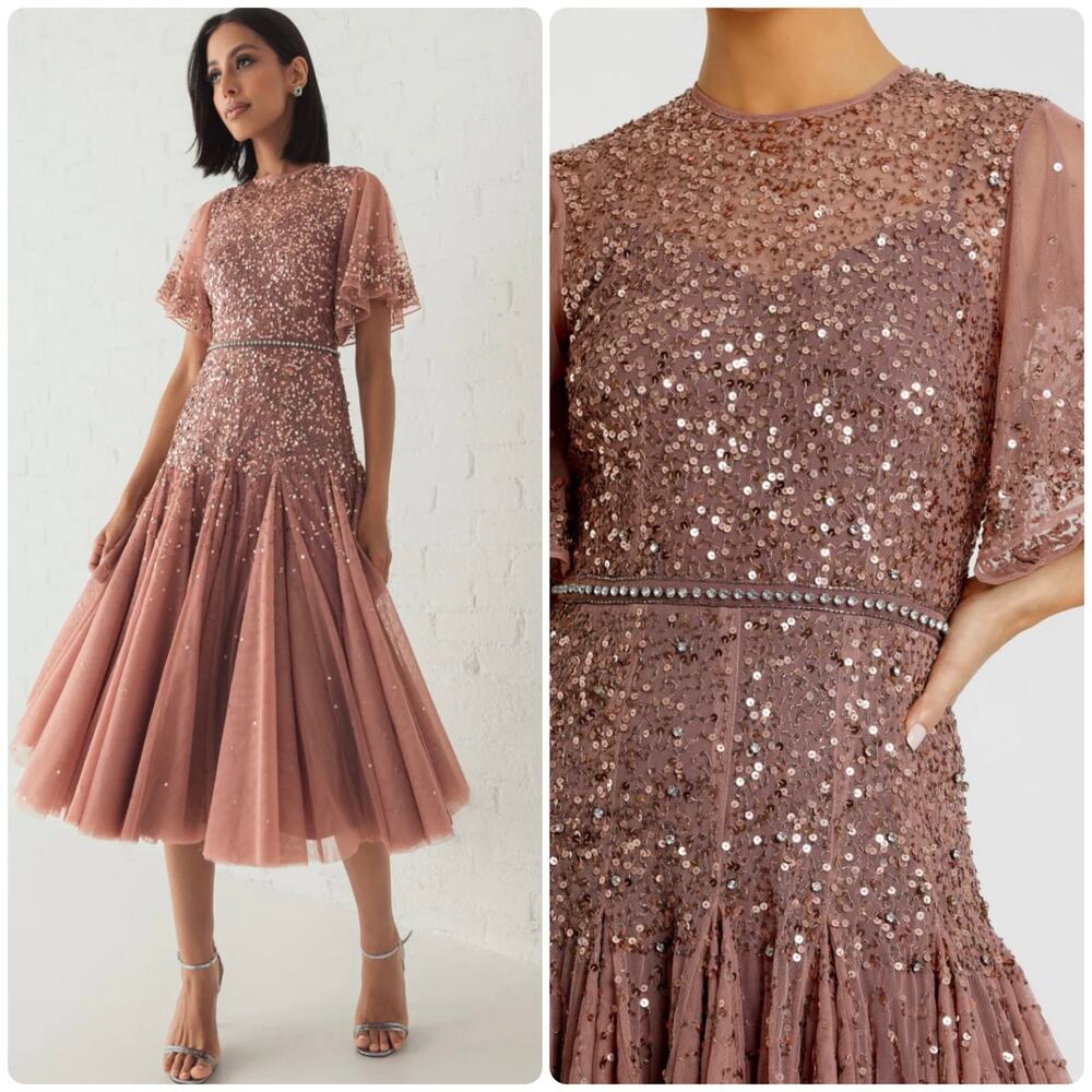Mac Duggal Pink Cape Sleeve Beaded Tea Length Drop Waist Dress size 6 C9